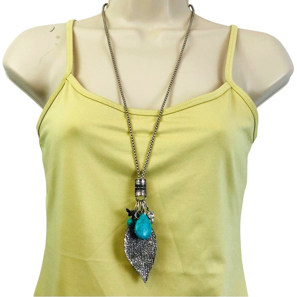 Trendy Long Necklace Faux Silver Turquoise Charms - Picture 2 of 16